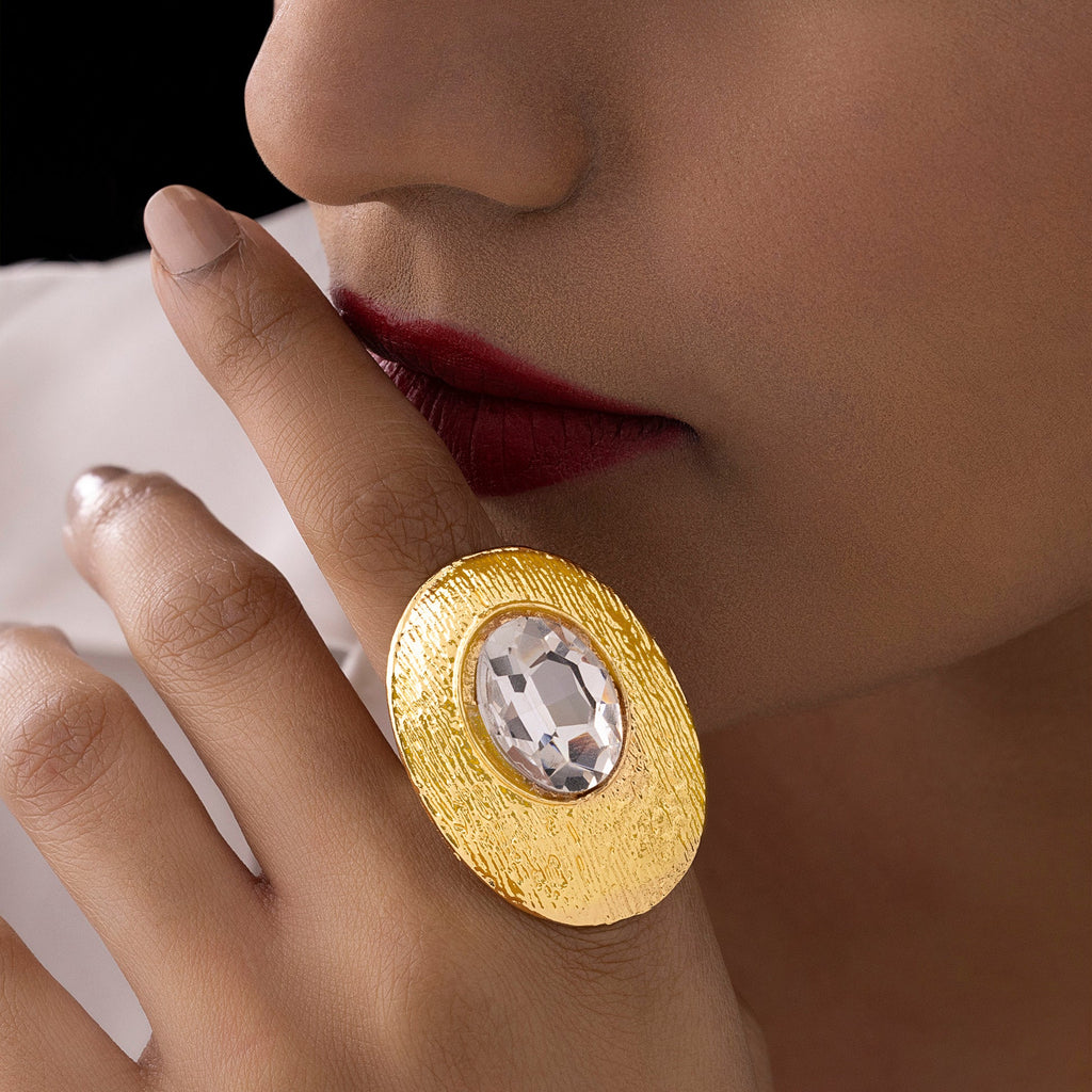 Textured Oval Statement Ring With Crystal (Adjustable Size)