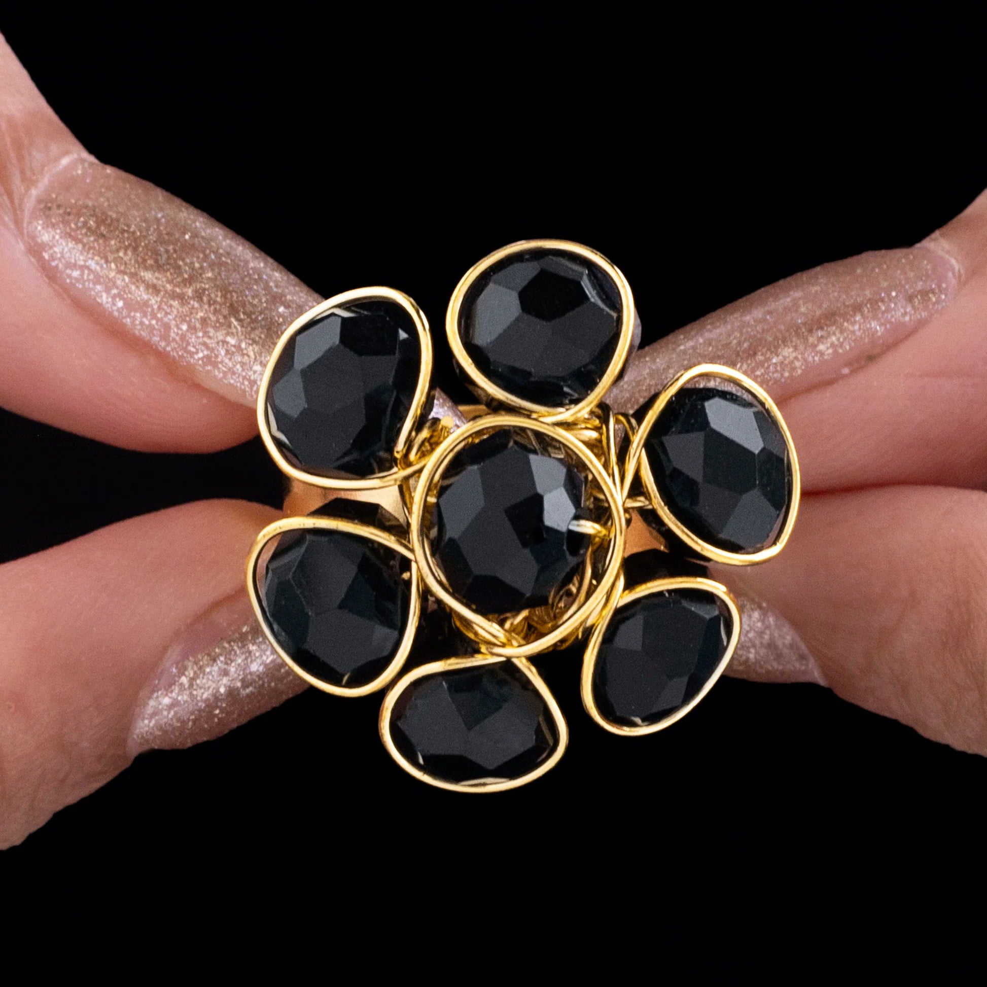 Alluring Black Crystal Cocktail Ring (Adjustable Size)