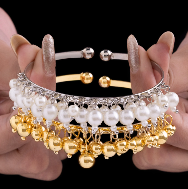 Golden & Silver Pearl Bangle Bracelets Set (Adjustable Size)