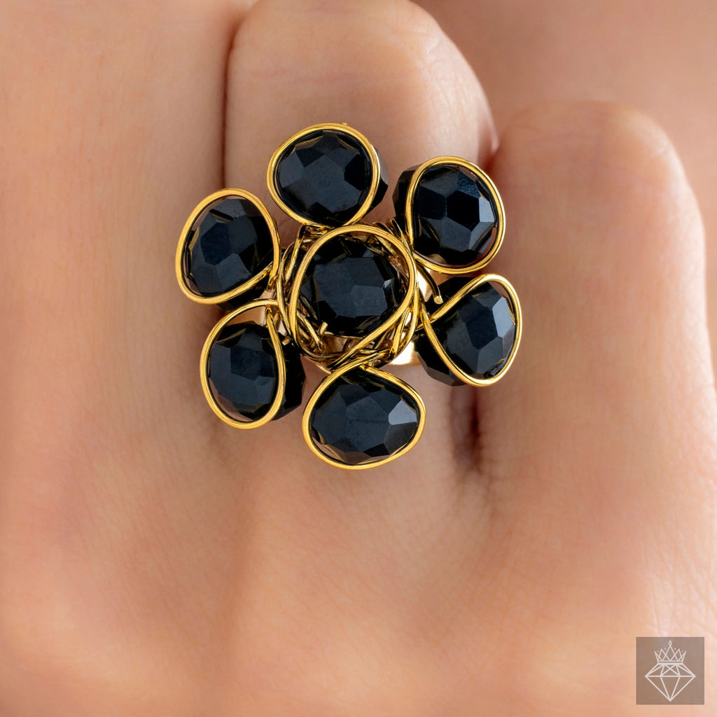 Alluring Black Crystal Cocktail Ring (Adjustable Size)