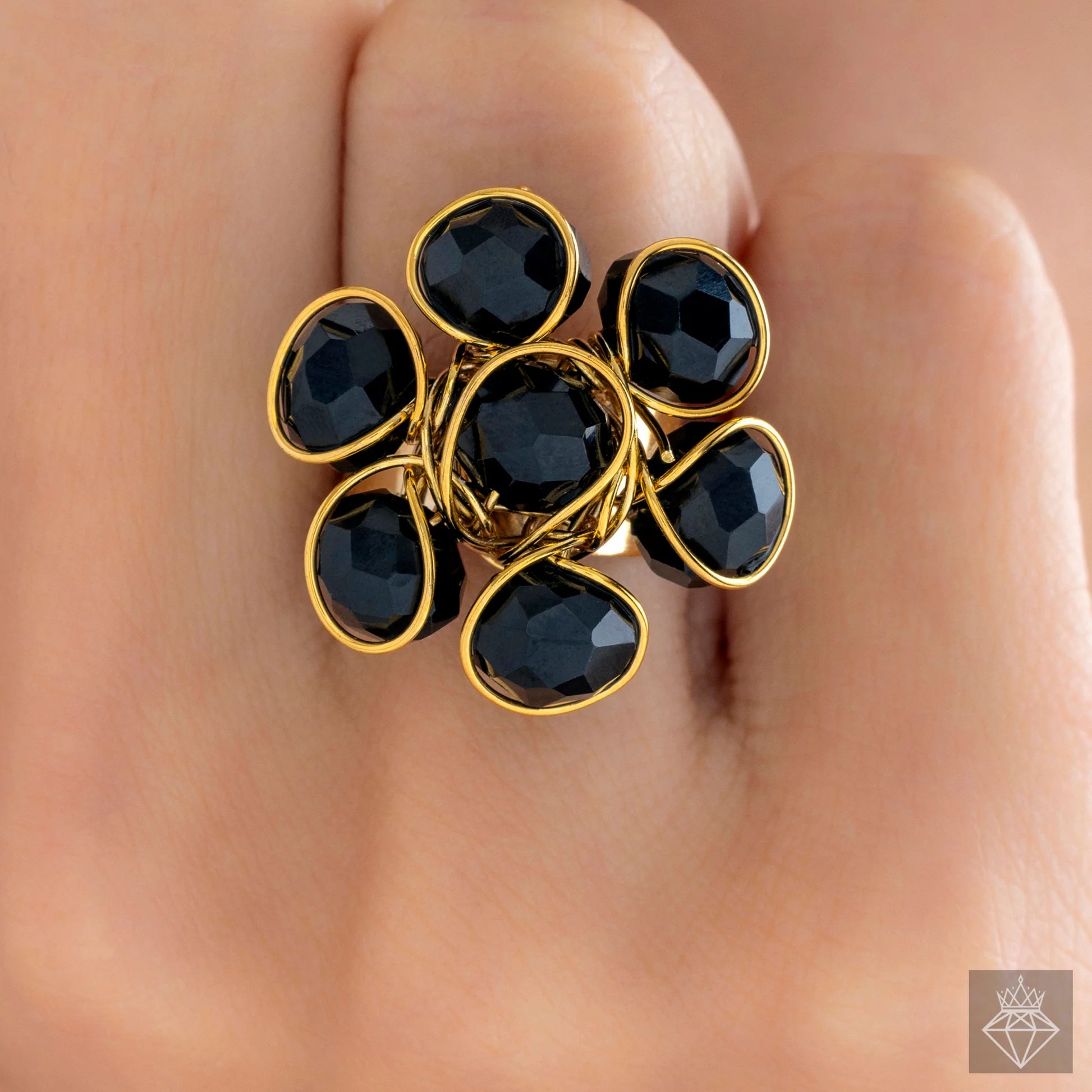 Alluring Black Crystal Cocktail Ring (Adjustable Size)