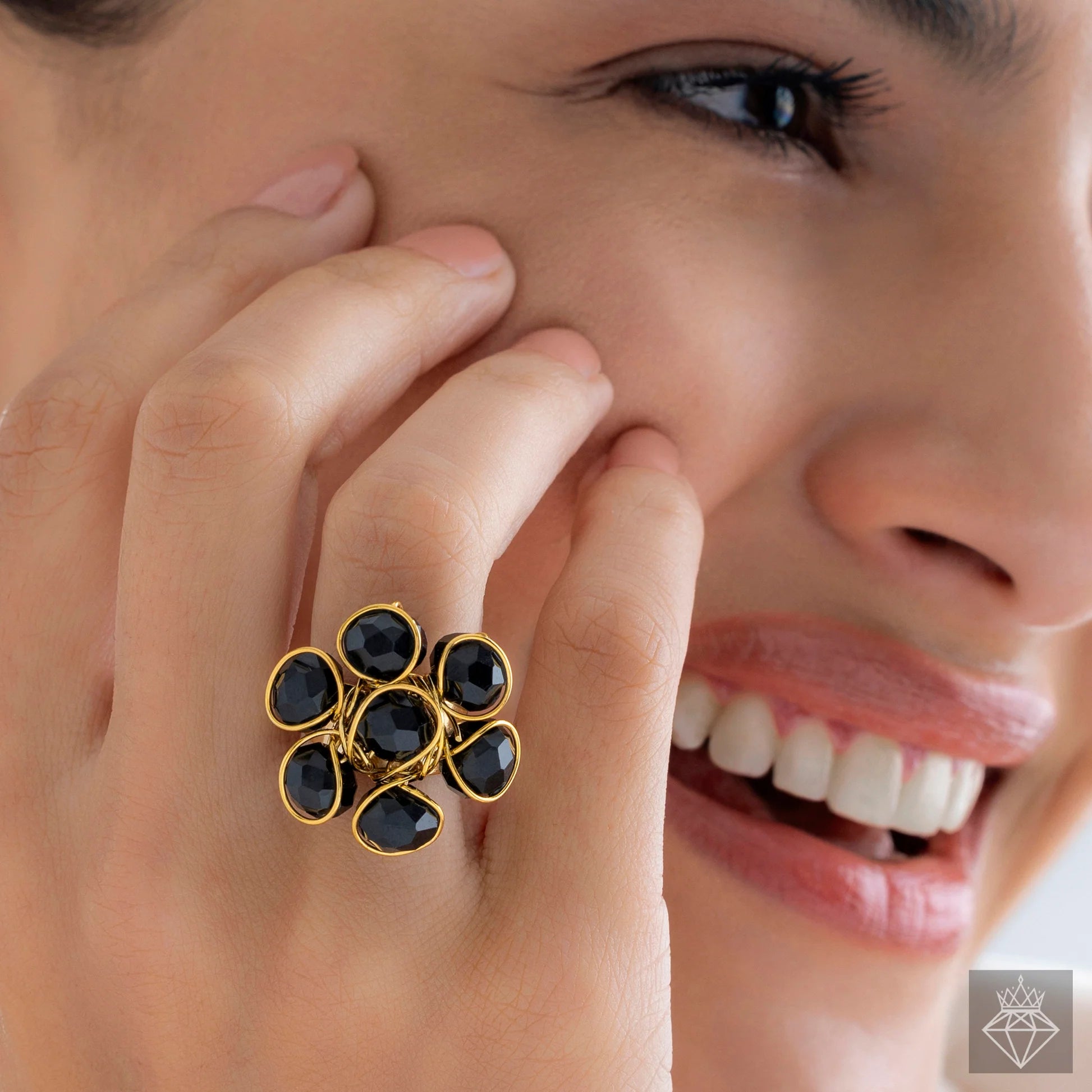 Alluring Black Crystal Cocktail Ring (Adjustable Size)