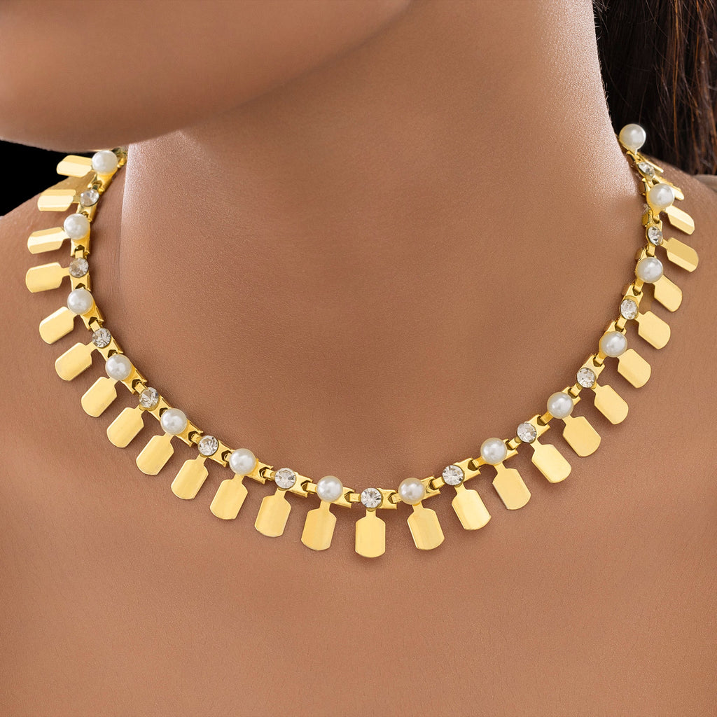 Gold Plated Tribal Necklace With Pearl & Crystal