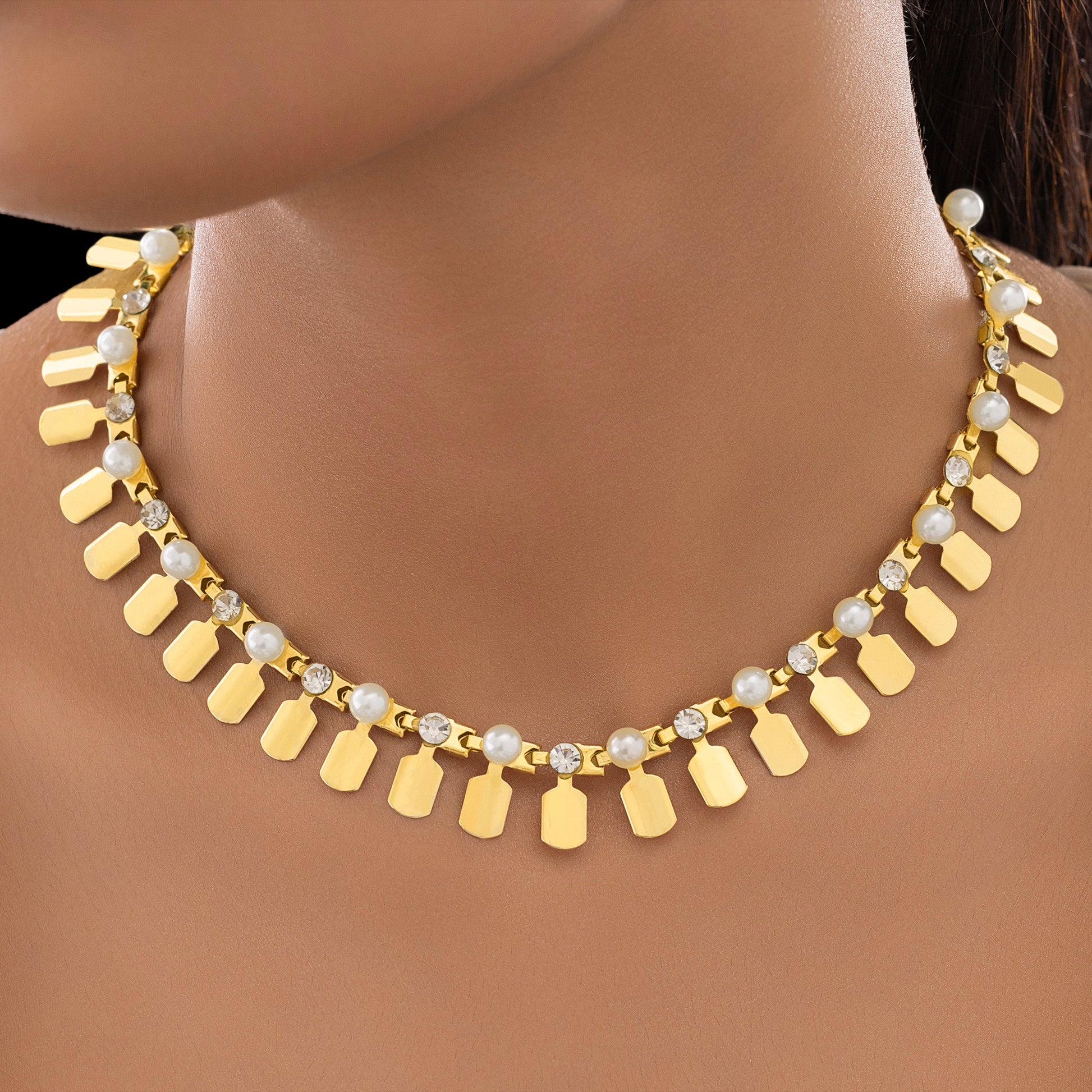 Gold Plated Tribal Necklace With Pearl & Crystal