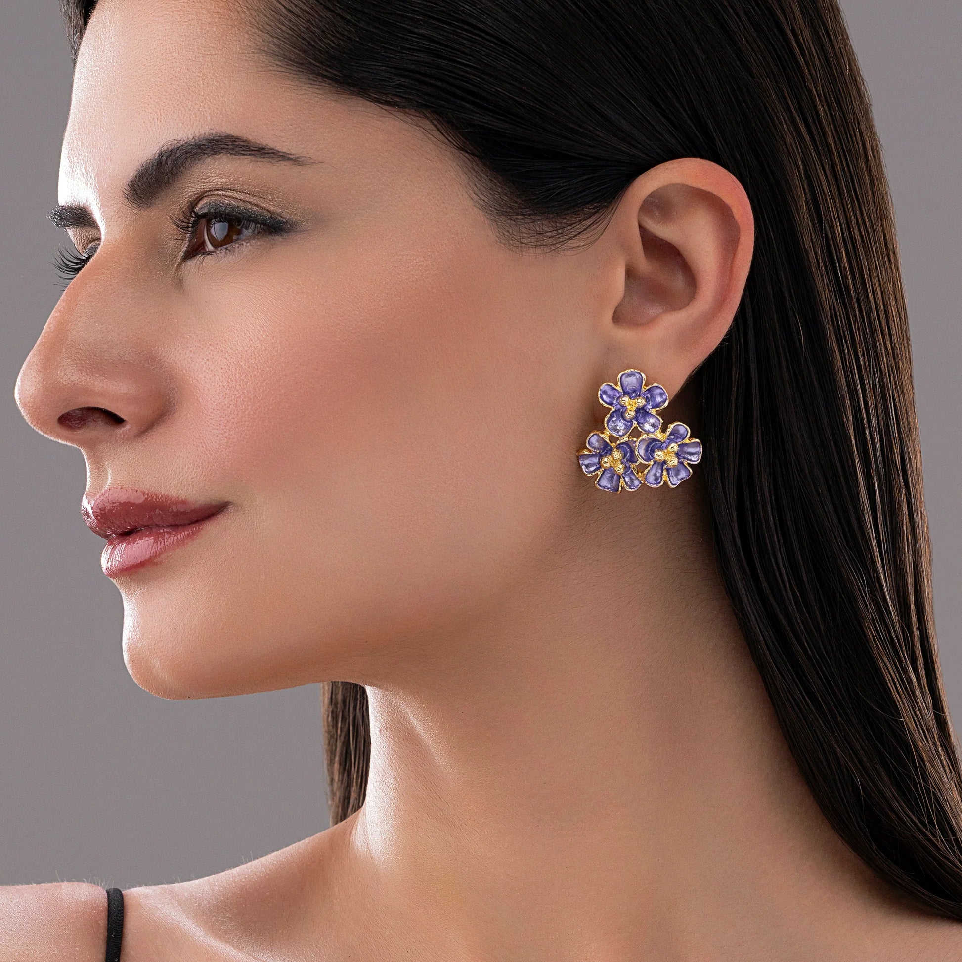 Purple Enamel Bunch Of Flowers Statement Earrings
