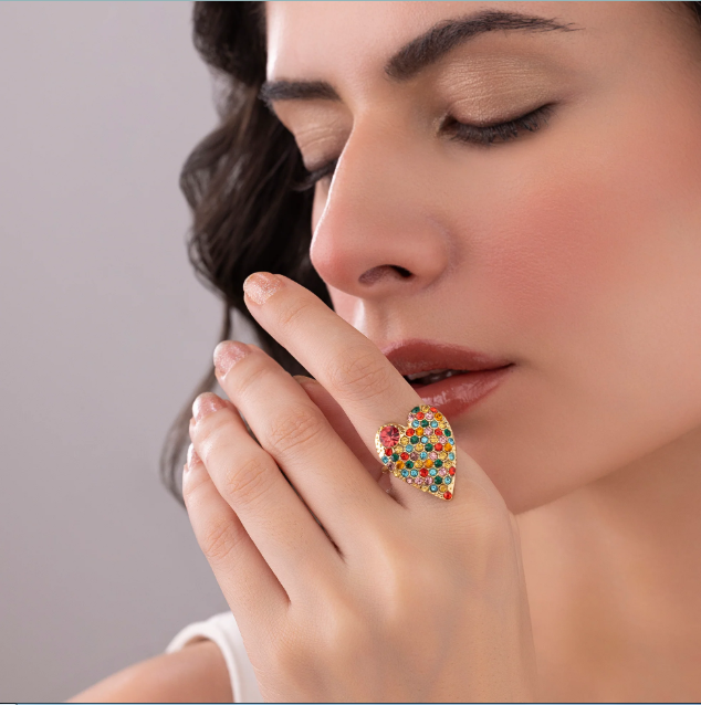 Saiyaara Multi-Color Crystal Studded Heart-Shaped Ring (Adjustable Size)