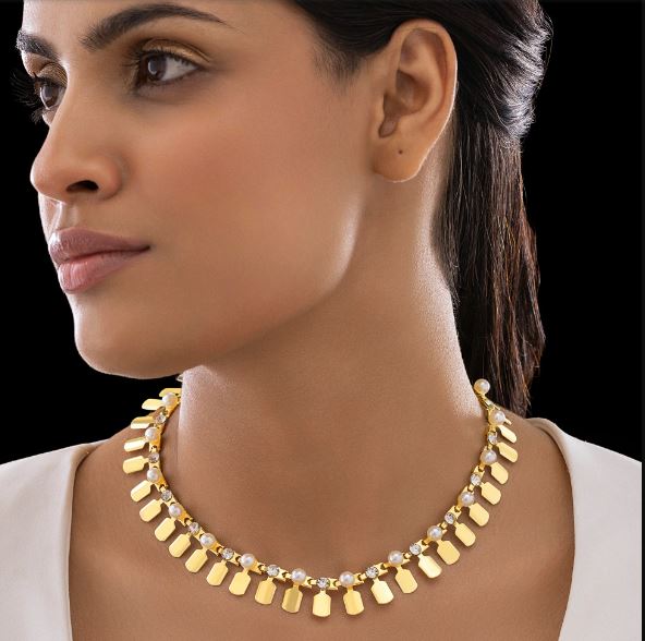 Gold Plated Tribal Necklace With Pearl & Crystal