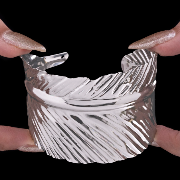 Silver Leaf Bangle Bracelet (Adjustable Size)