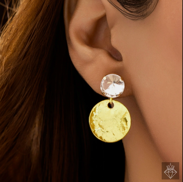 Crystal, Golden Round Shape Earrings