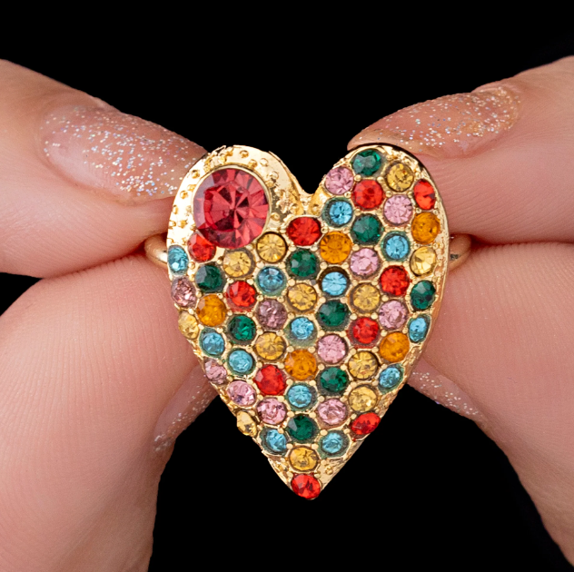 Saiyaara Multi-Color Crystal Studded Heart-Shaped Ring (Adjustable Size)