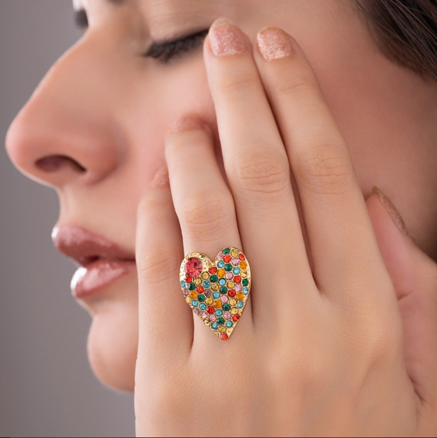 Saiyaara Multi-Color Crystal Studded Heart-Shaped Ring (Adjustable Size)