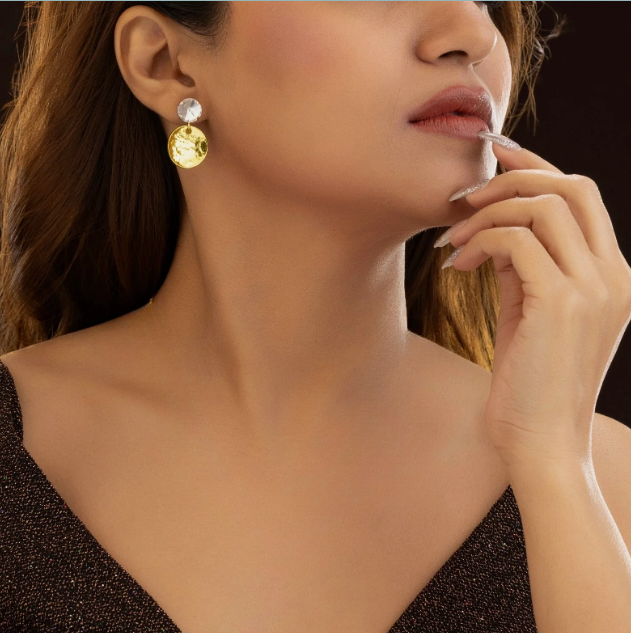 Crystal, Golden Round Shape Earrings