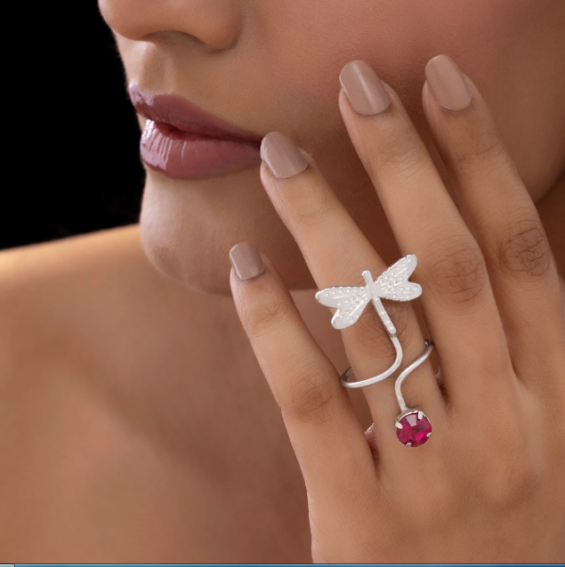 Saiyaara Pink Silver Drangon Fly Crystal Ring (Adjustable Size)