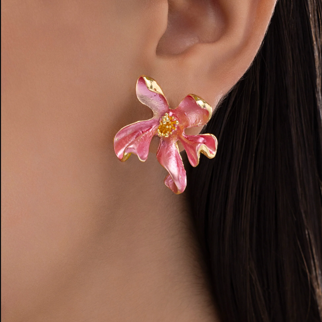Saiyaara Pink Enamel Lily Flower Studs
