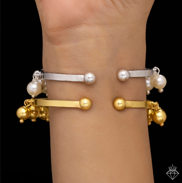 Golden & Silver Pearl Bangle Bracelets Set (Adjustable Size)
