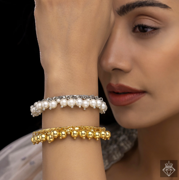 Golden & Silver Pearl Bangle Bracelets Set (Adjustable Size)