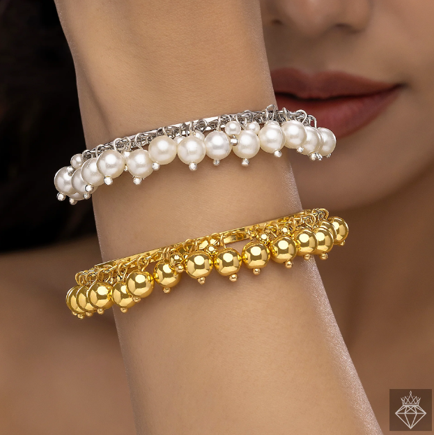 Golden & Silver Pearl Bangle Bracelets Set (Adjustable Size)