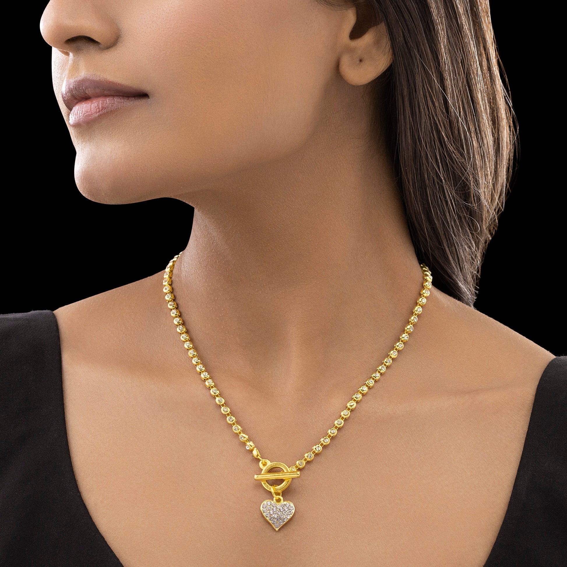 Saiyaara AD-Studded Heart Charm Necklace With T-Lock