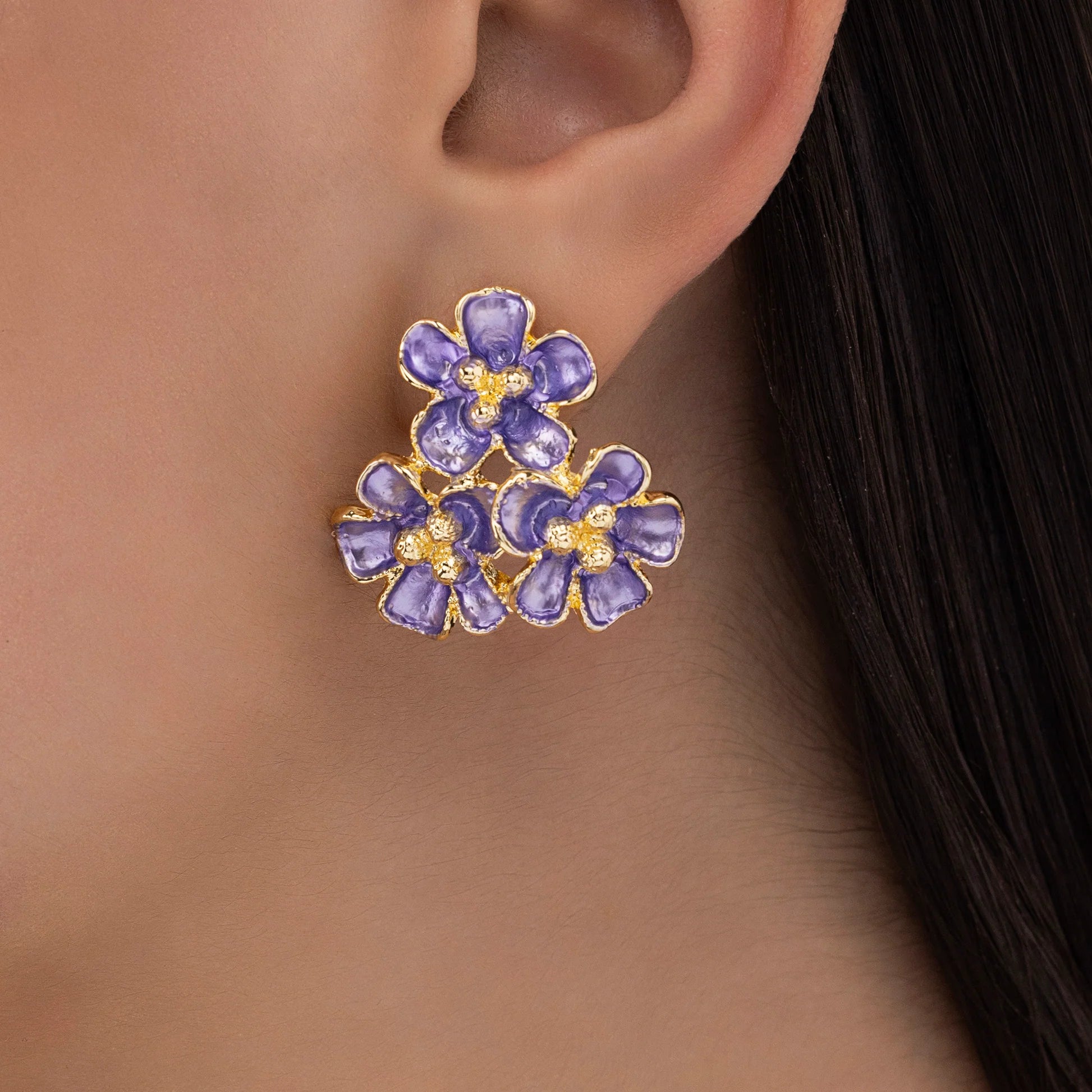 Purple Enamel Bunch Of Flowers Statement Earrings