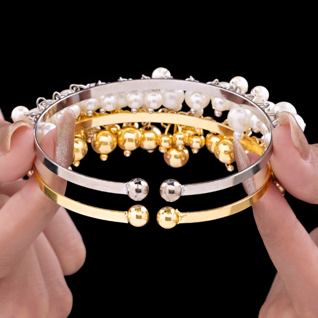 Golden & Silver Pearl Bangle Bracelets Set (Adjustable Size)
